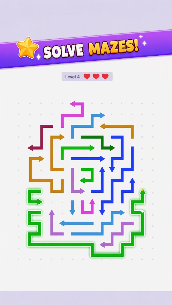Solved maze path glowing neon green